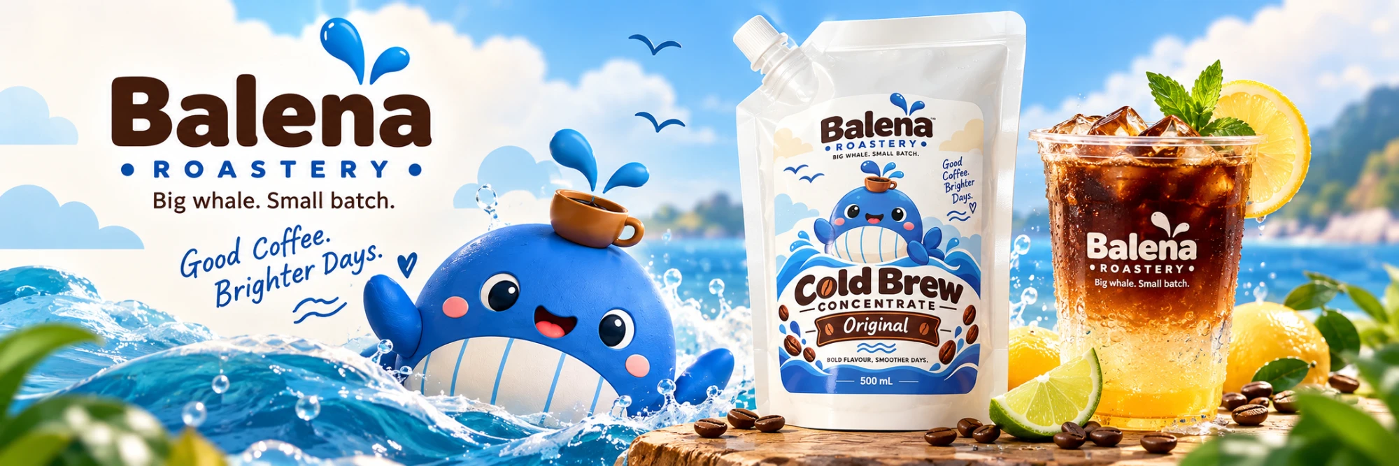 ถุง Balena Cold Brew Concentrate Original 500 มล. ริมทะเล กับวาฬ Balena