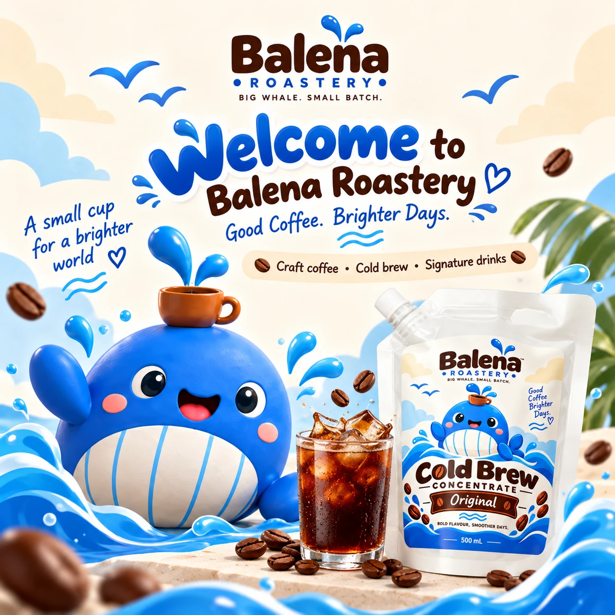 วาฬ Balena กับ Cold Brew Concentrate Original 500 มล. และกาแฟเย็นหนึ่งแก้ว